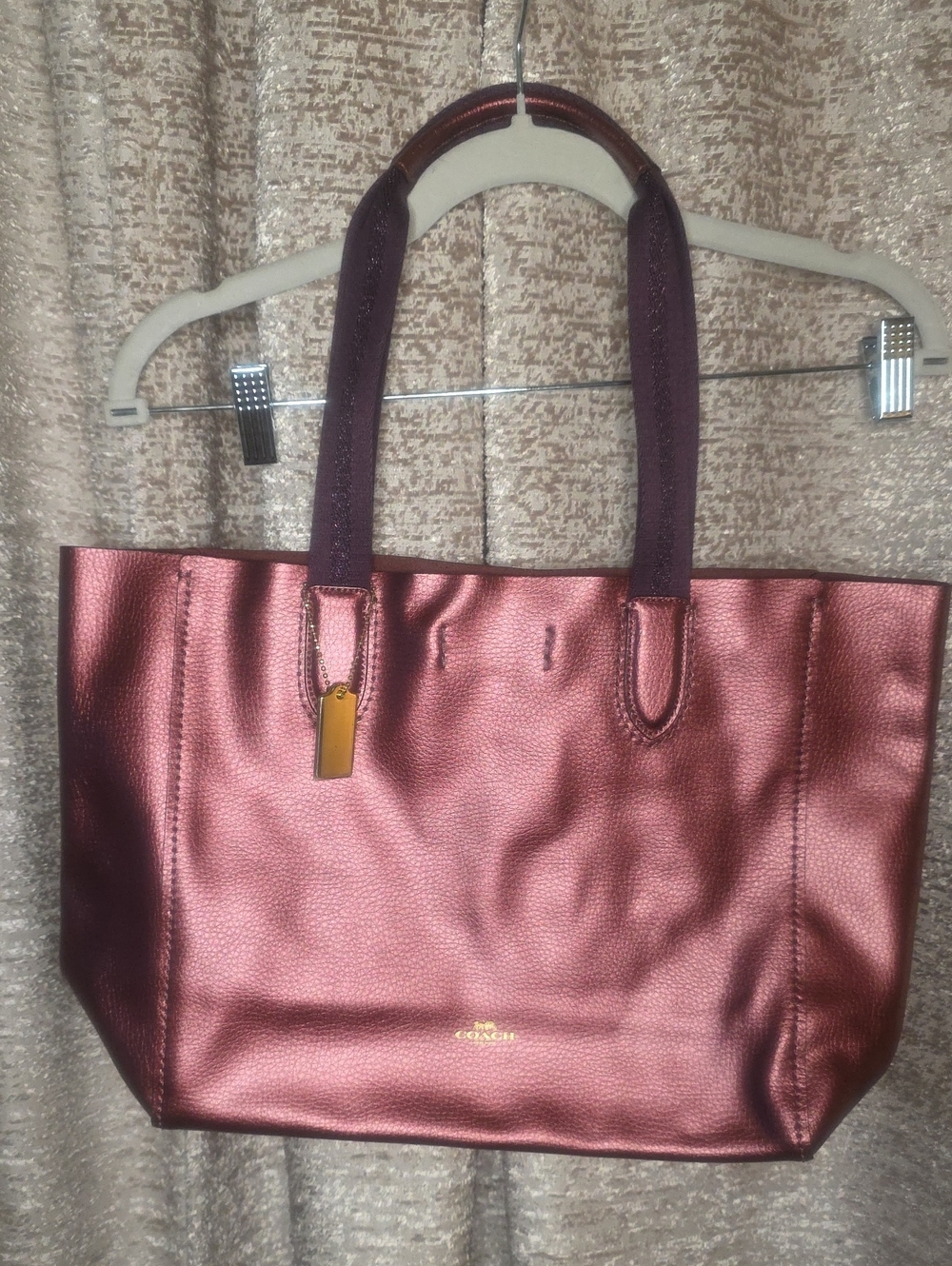 Coach Metallic Rose Pink Tote with Dark Plum Handles